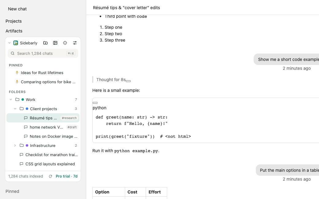 Sidebarly panel docked above the Claude chat list, with pinned chats, folders, tags and a count of chats indexed