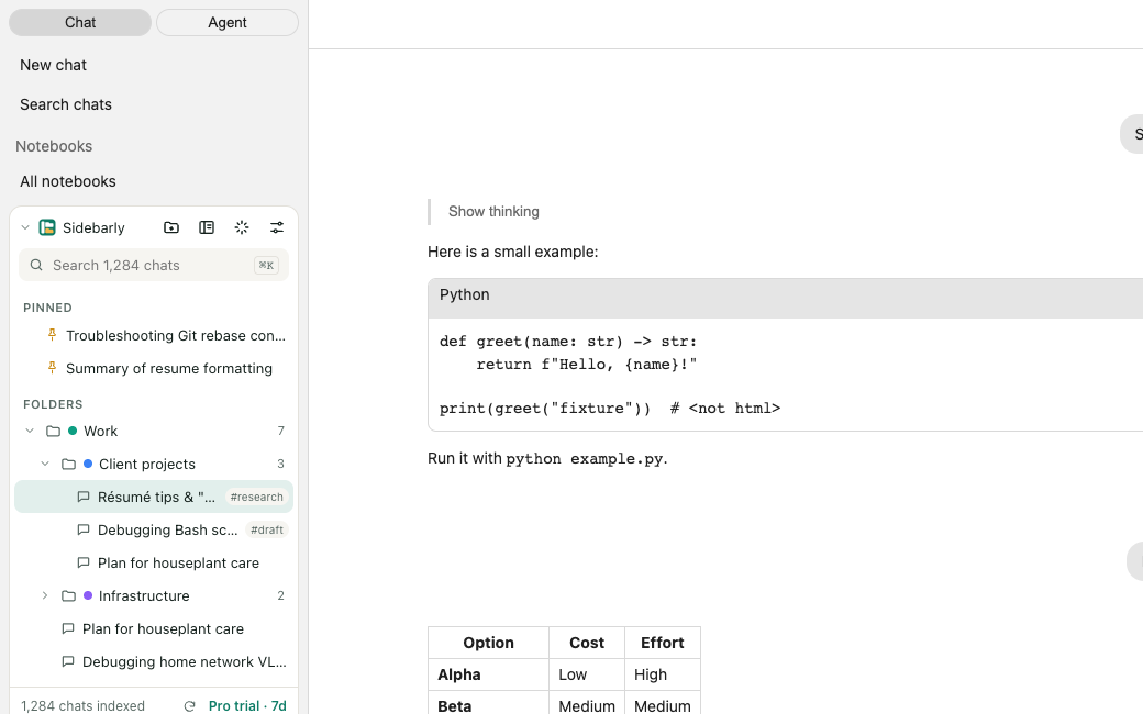 The Sidebarly panel above the chat list: a search box, pinned chats, nested folders with chat counts, tags, and a count of chats indexed on this computer