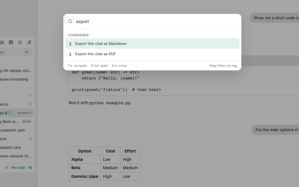 Command palette searching for "lisbon" and listing matching chats and a folder
